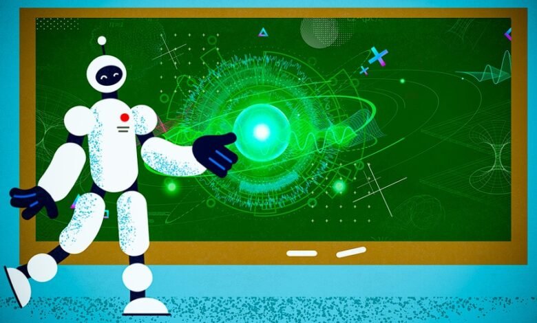 a robot pointing at a green board